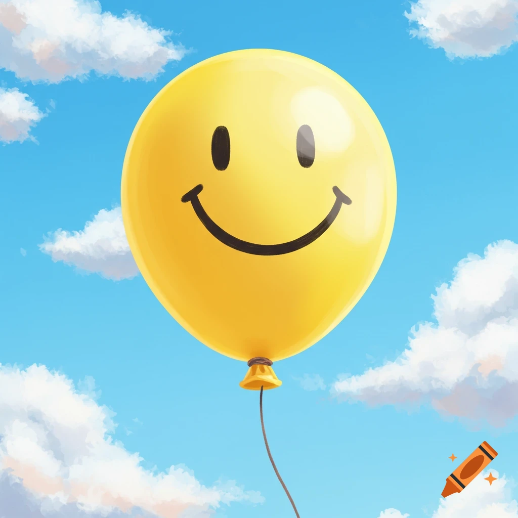 A yellow smiley face balloon floats in a bright blue sky with white clouds.