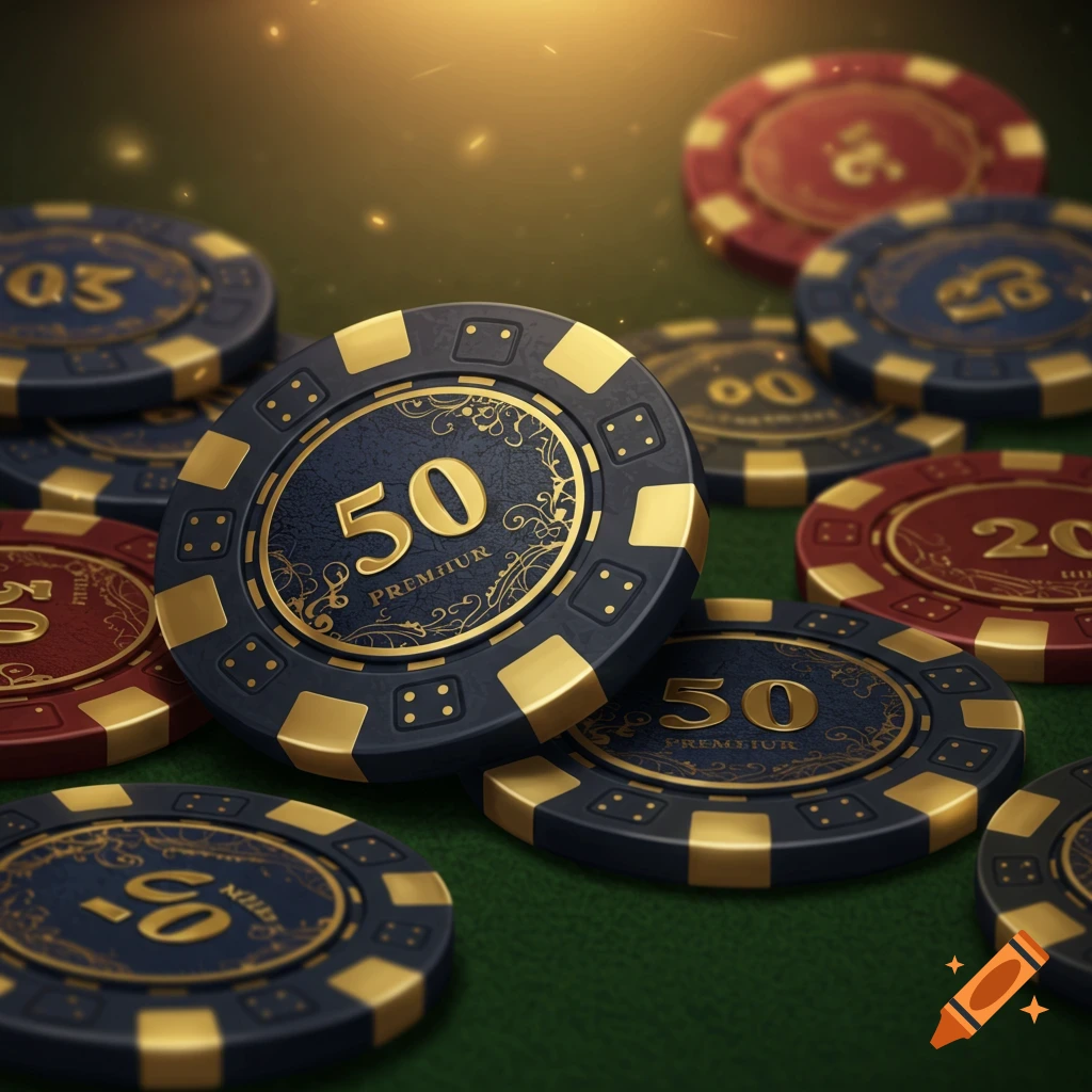 Closeup of high-end poker chips on a green surface with spotlight