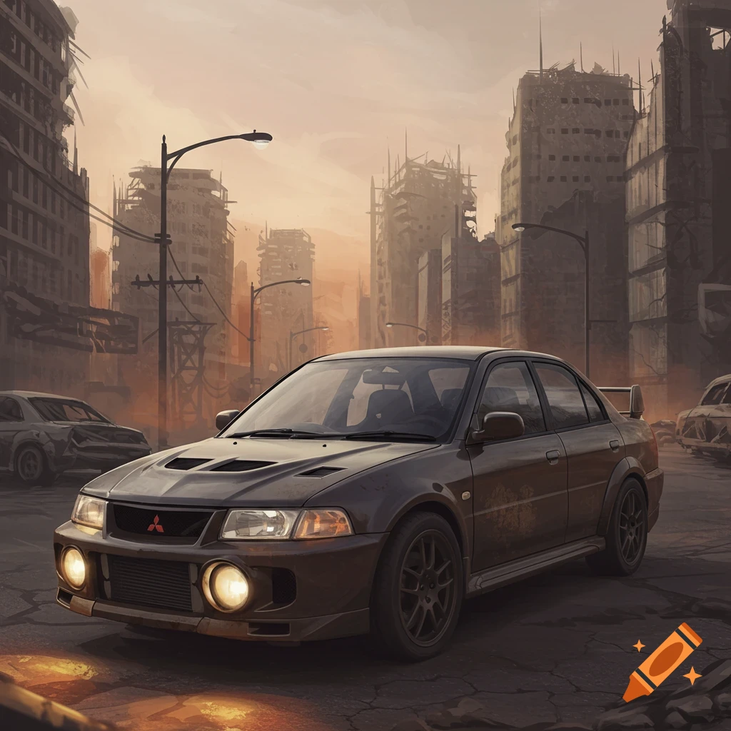 A Mitsubishi Lancer Evolution VI car in a ruined post-apocalyptic city.