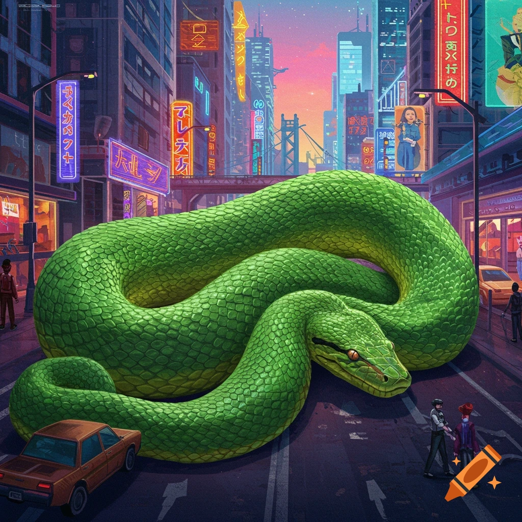 A giant green anaconda slithers down a city street at dusk, surrounded by buildings and neon signs.