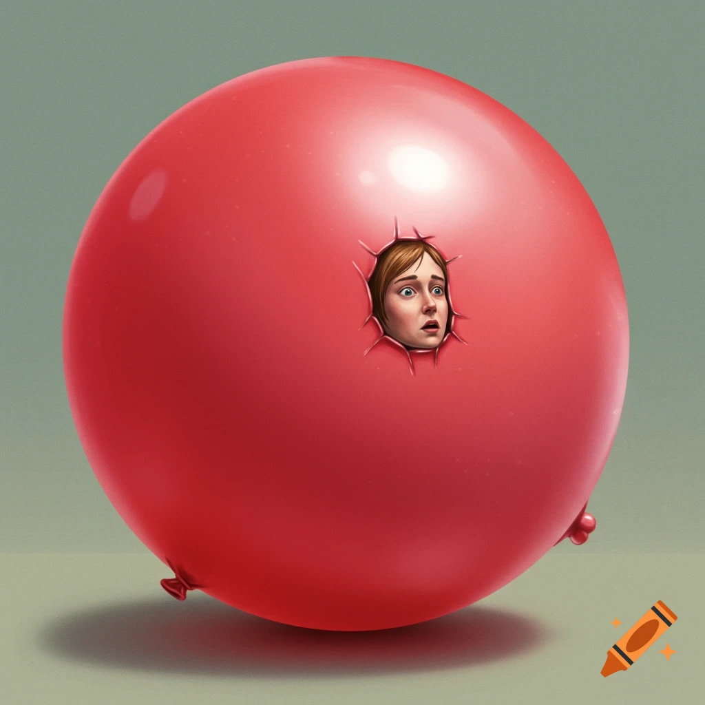 A person's head sticking out of a hole in a large red balloon