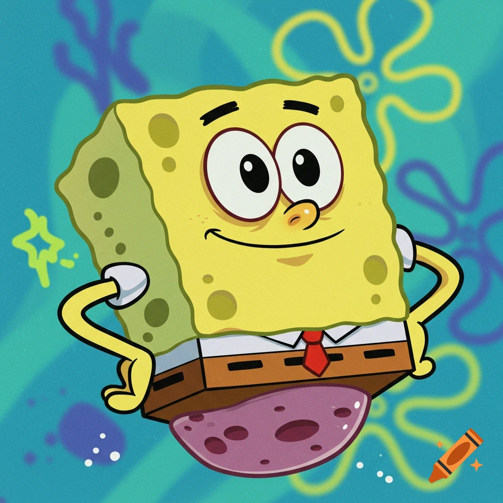 Illustration of SpongeBob SquarePants with hands on hips, floating above a pink object