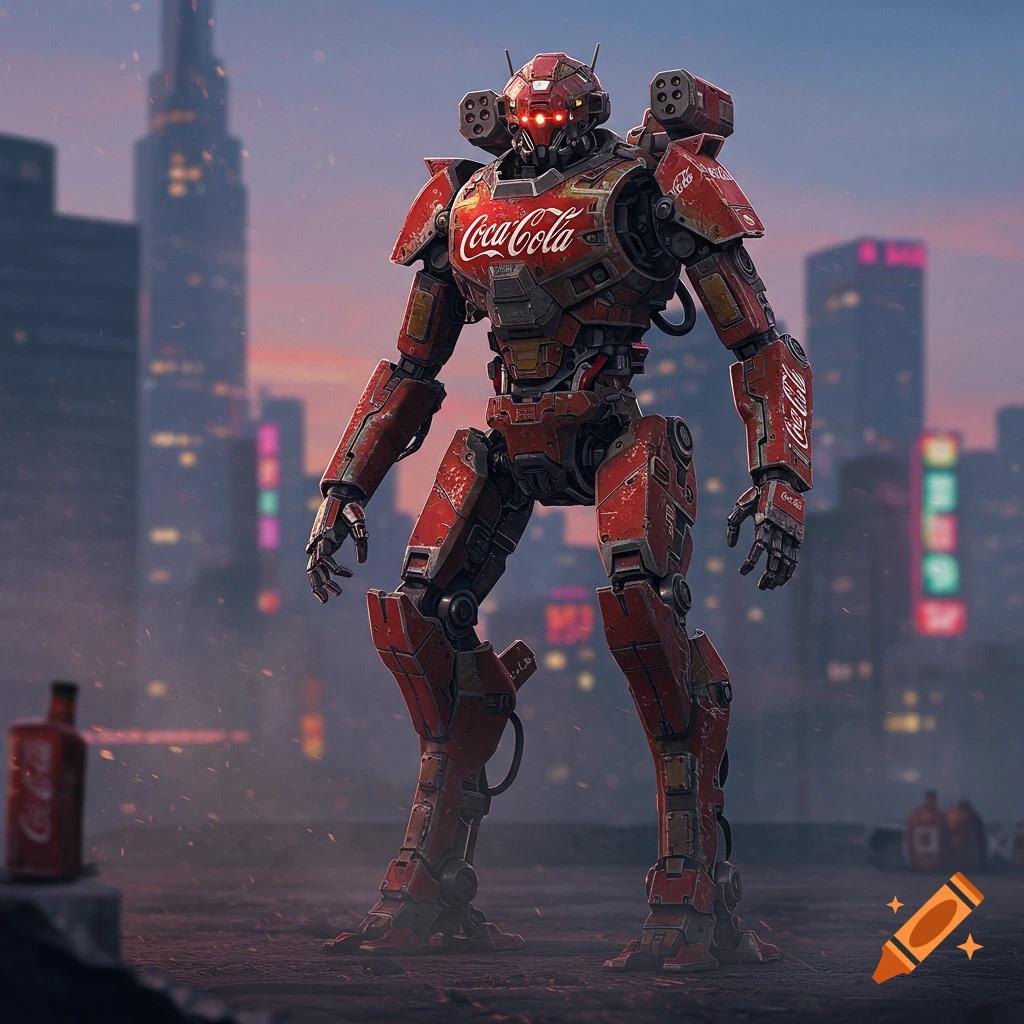A red battle robot branded with Coca-Cola stands on a rooftop overlooking a city skyline at sunset.