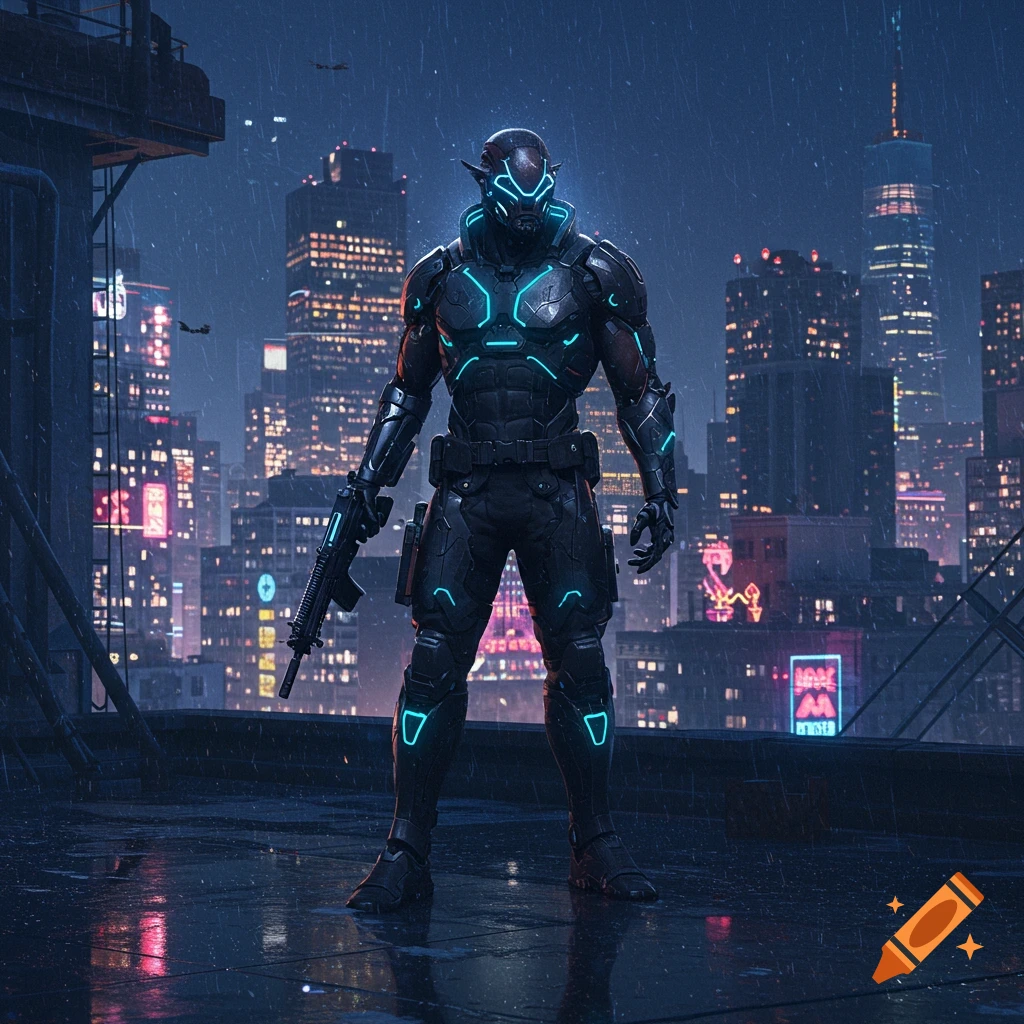 Futuristic soldier in glowing armor stands on a rainy rooftop overlooking a cyberpunk city at night.