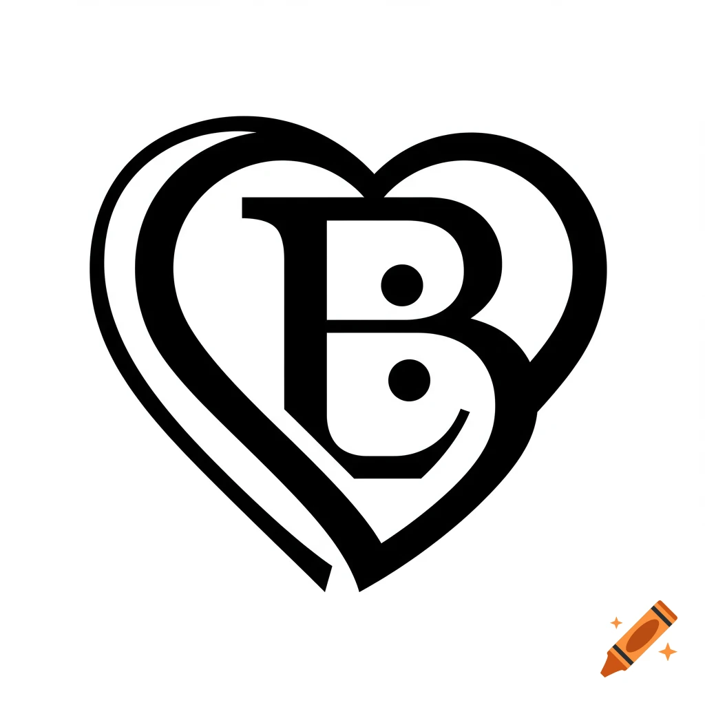 Black and white graphic of a heart shape with the letter B inside.