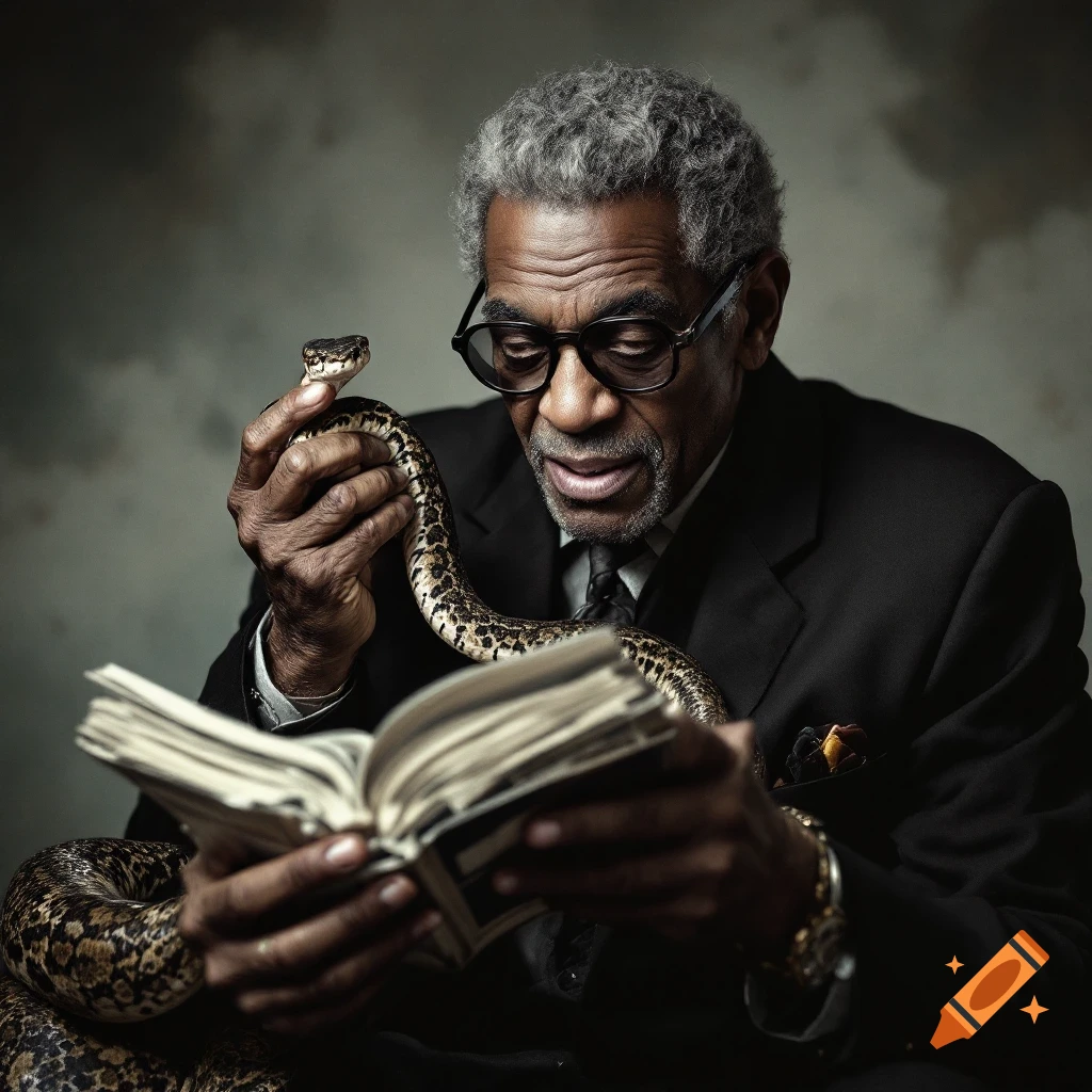 A man with glasses reads a book while holding a snake, photorealistic.
