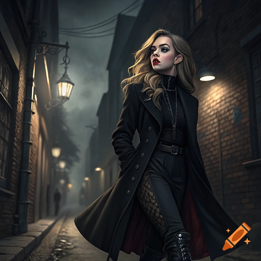 A woman in a black gothic coat walks down a dark alleyway at night.
