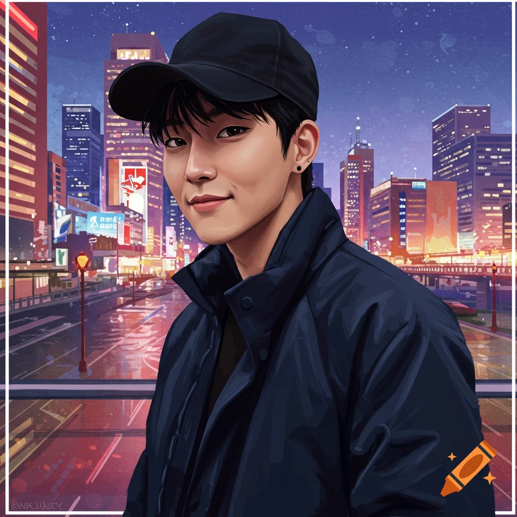 A man wearing a baseball cap and dark jacket stands before a city skyline at night.