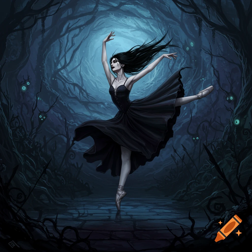 A dark fantasy ballet dancer stands in a spooky forest with glowing eyes.