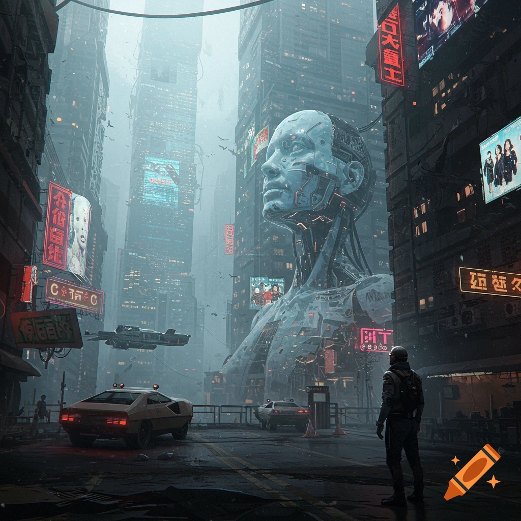 Giant cyborg head sculpture in a futuristic city with flying vehicles and a figure in a tactical suit.