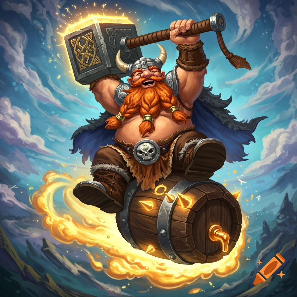 A cartoon fantasy art of a joyous fat viking dwarf riding a flaming beer keg, swinging a massive hammer.