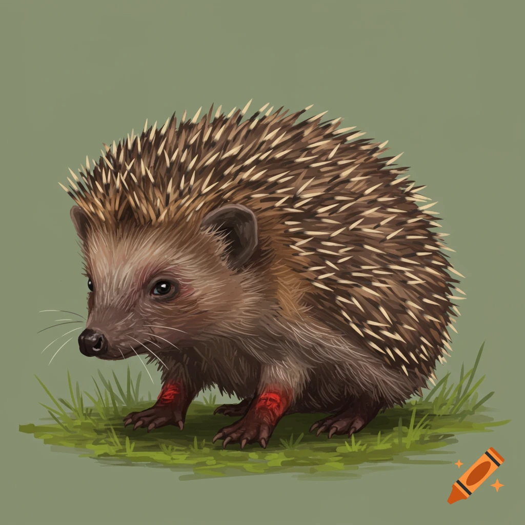 A hedgehog with red marks on its legs, standing in grass.