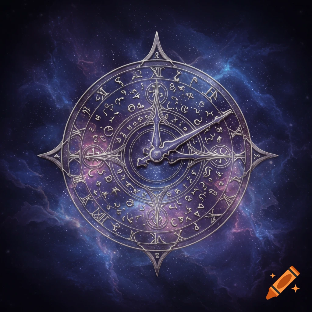 A stylized, ornate clock with mysterious symbols set against a colorful nebula background.