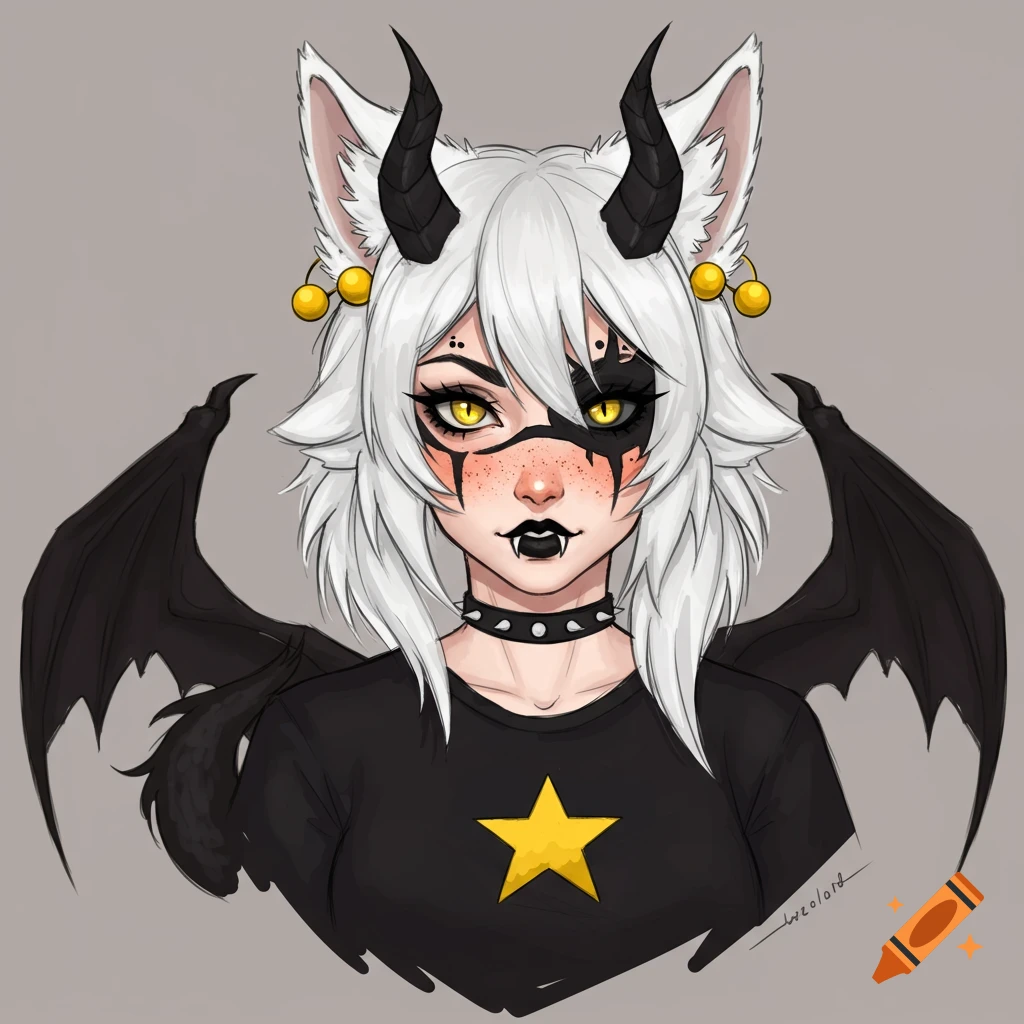 Anime portrait of a character with white hair, black horns, wings, and makeup, wearing a black shirt with a yellow star.