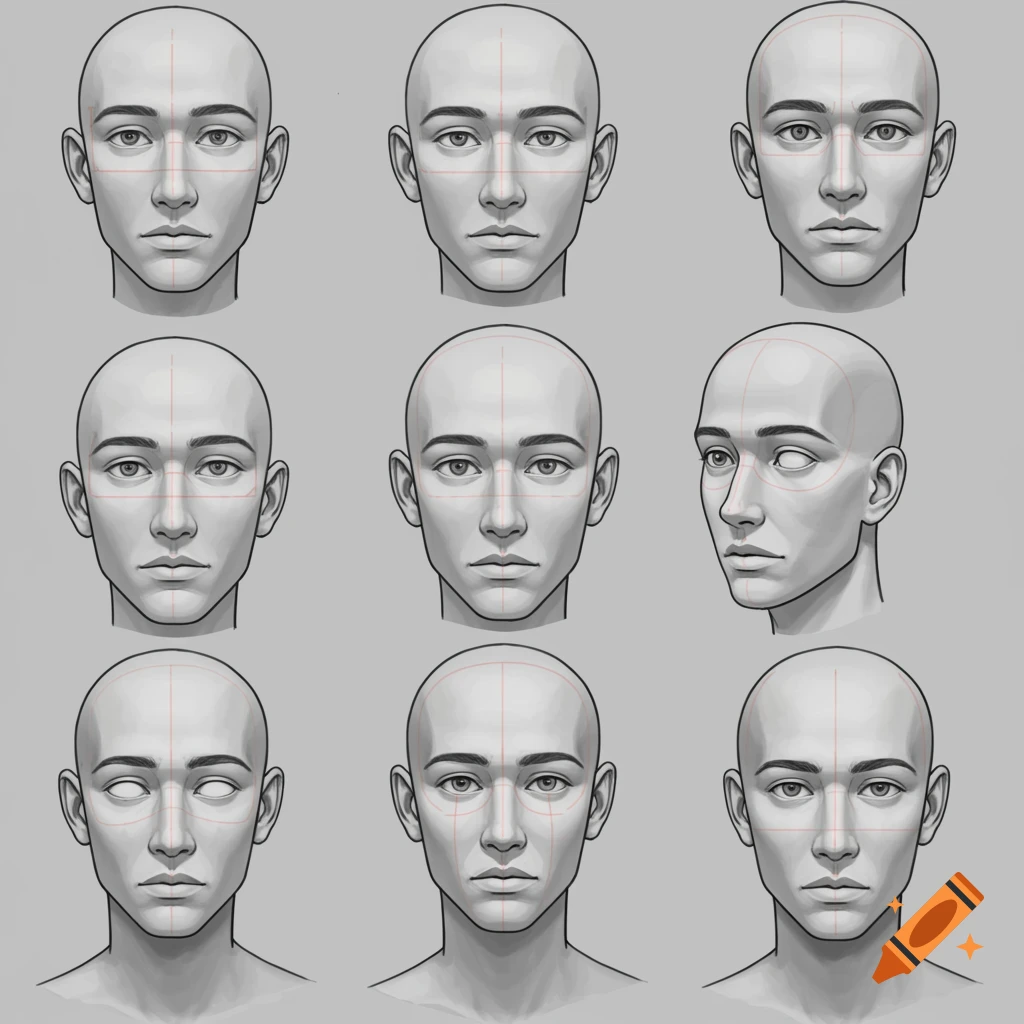 Grid of nine drawing studies of a bald human head at different angles with anatomical guide lines.