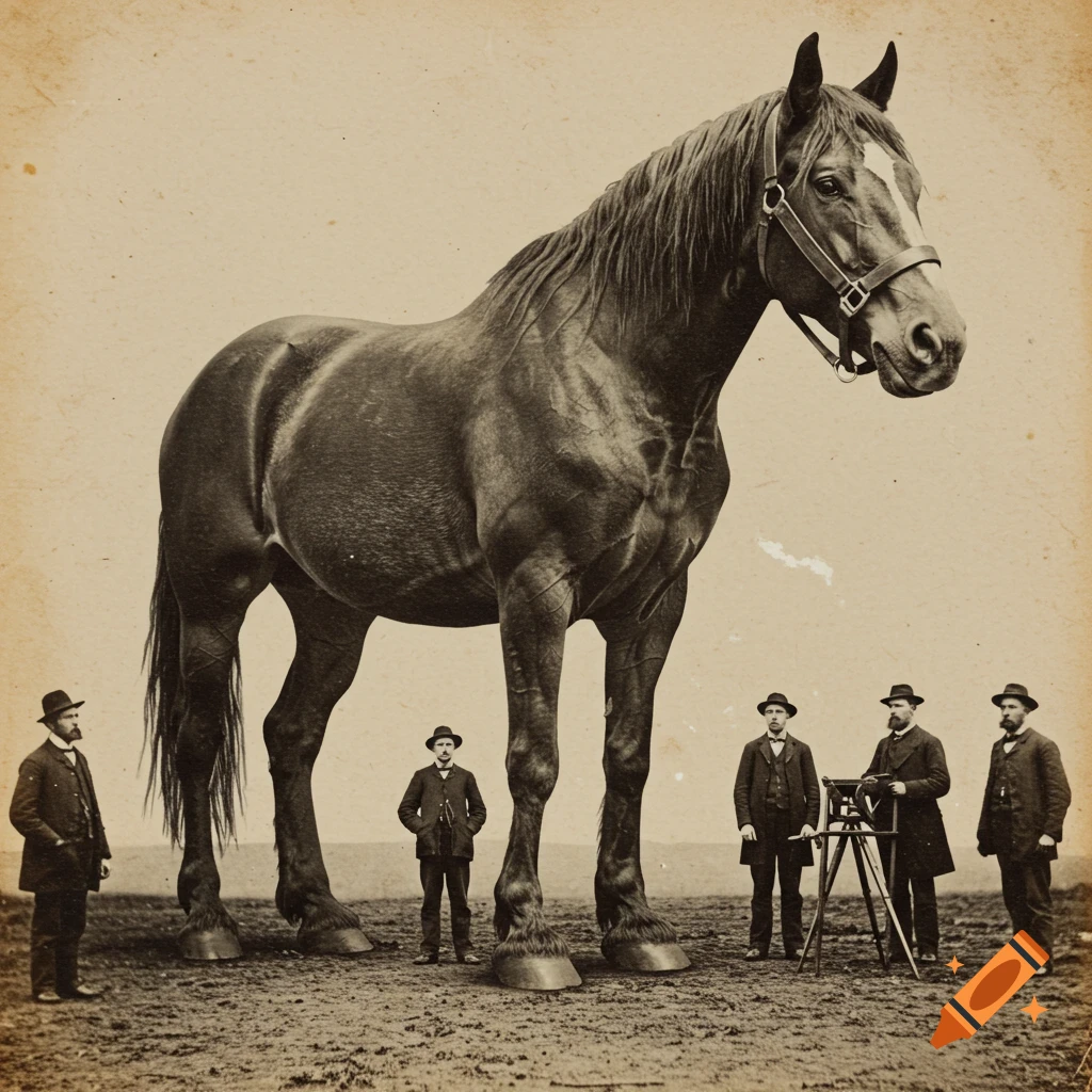 Vintage photo of a giant horse and men