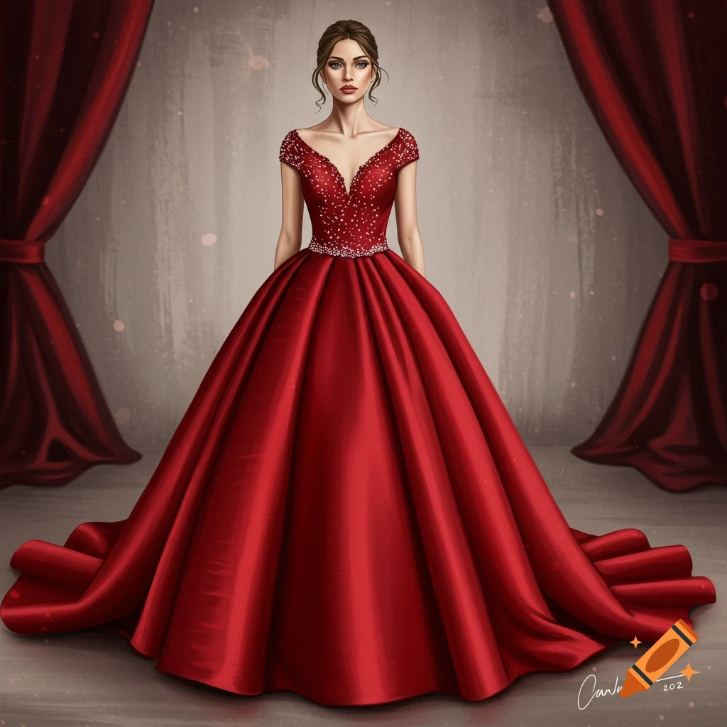 Woman in an elegant red ball gown standing between red curtains.
