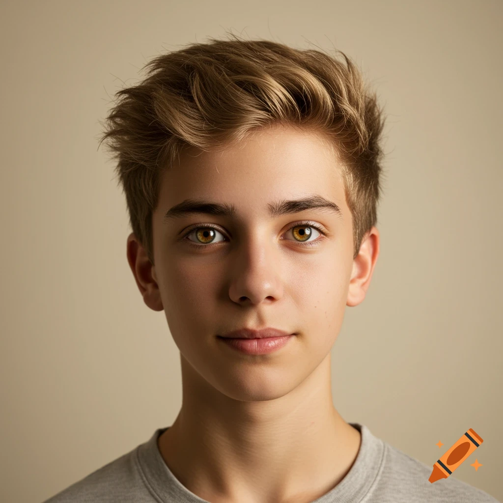 Photorealistic portrait of a young man with light brown hair and honey brown eyes.