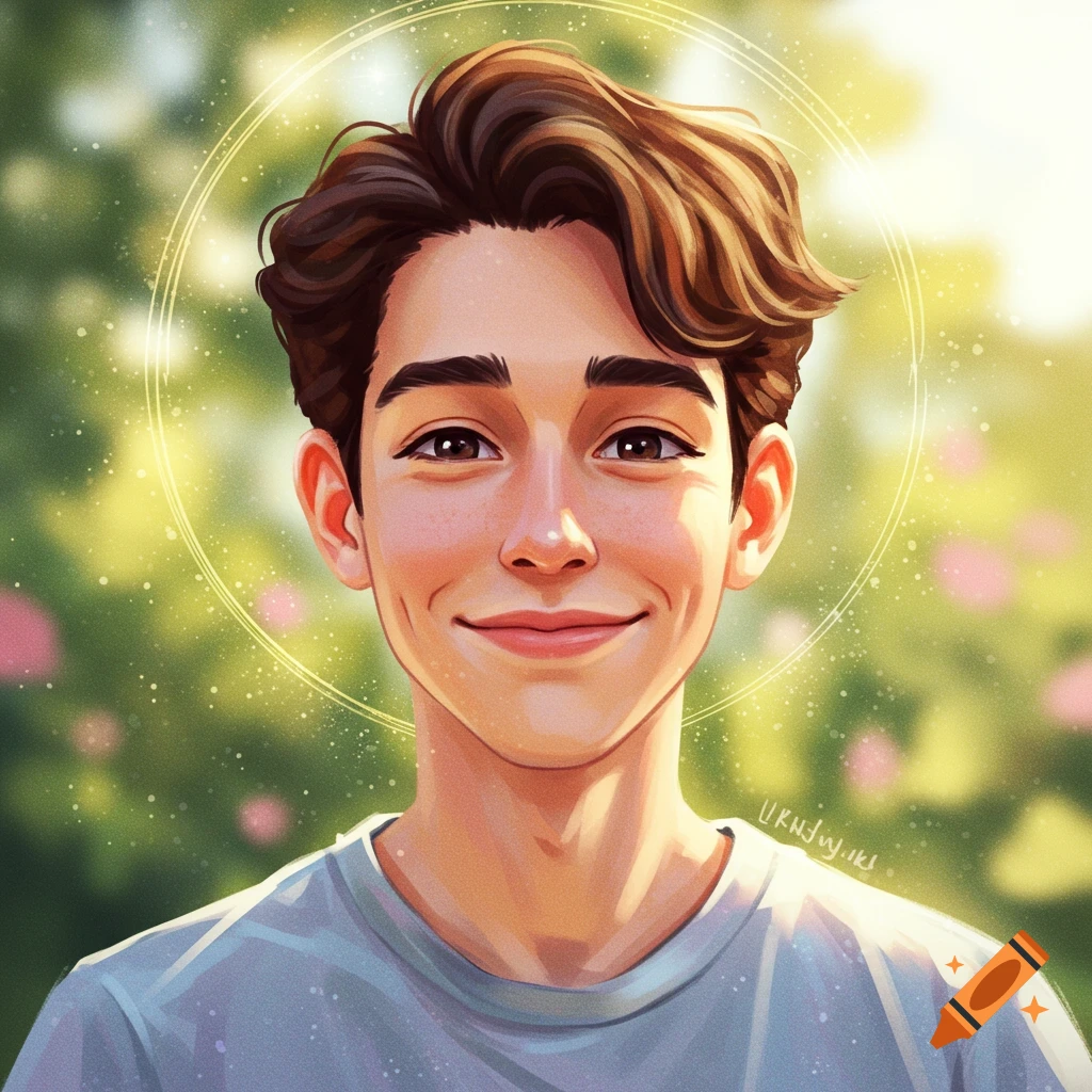 A young man is smiling with dimples against a bright, blurred nature background.