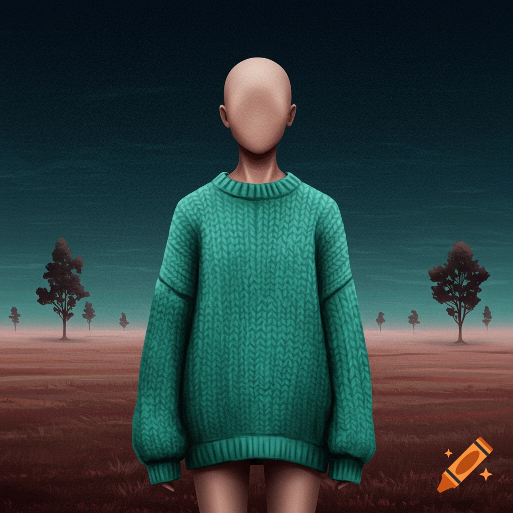 A figure with a featureless head wearing a green sweater stands in a desolate landscape.