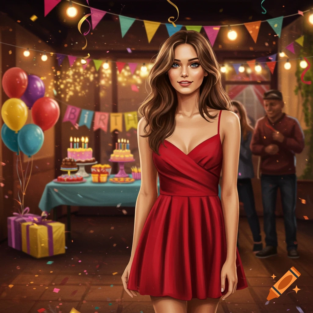 A woman in a red dress stands at a vibrant birthday party.