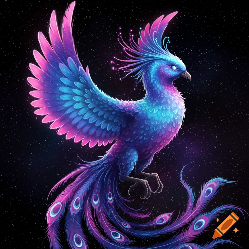 A vibrant blue and pink phoenix with feathered tails against a starry black background.