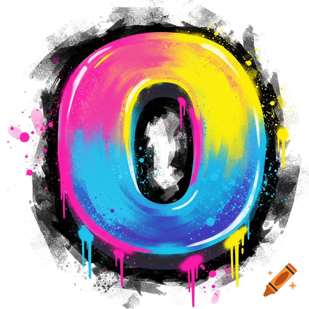 Colorful letter O in graffiti style with paint drips and splatters