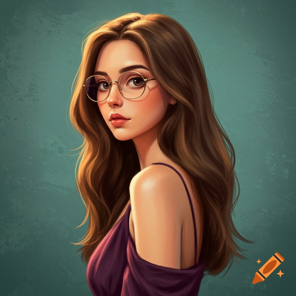 A young woman with long brown hair and glasses wearing a purple dress.