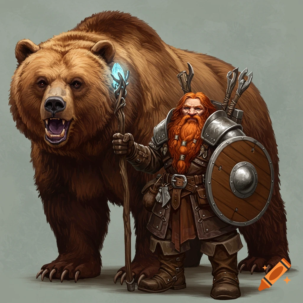 A dwarf with a red beard and armor holding a magical staff and shield, standing next to a large grizzly bear.