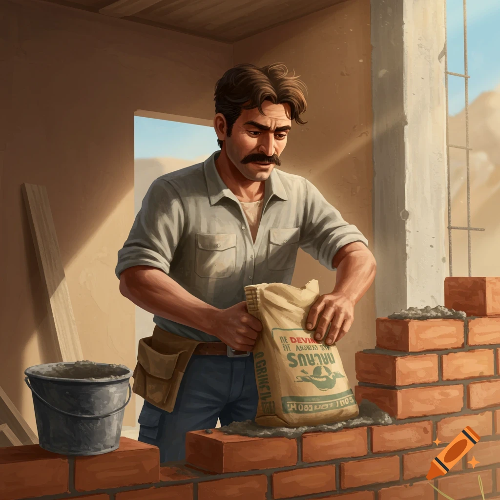Painting of a man using a cement bag to build a brick wall.