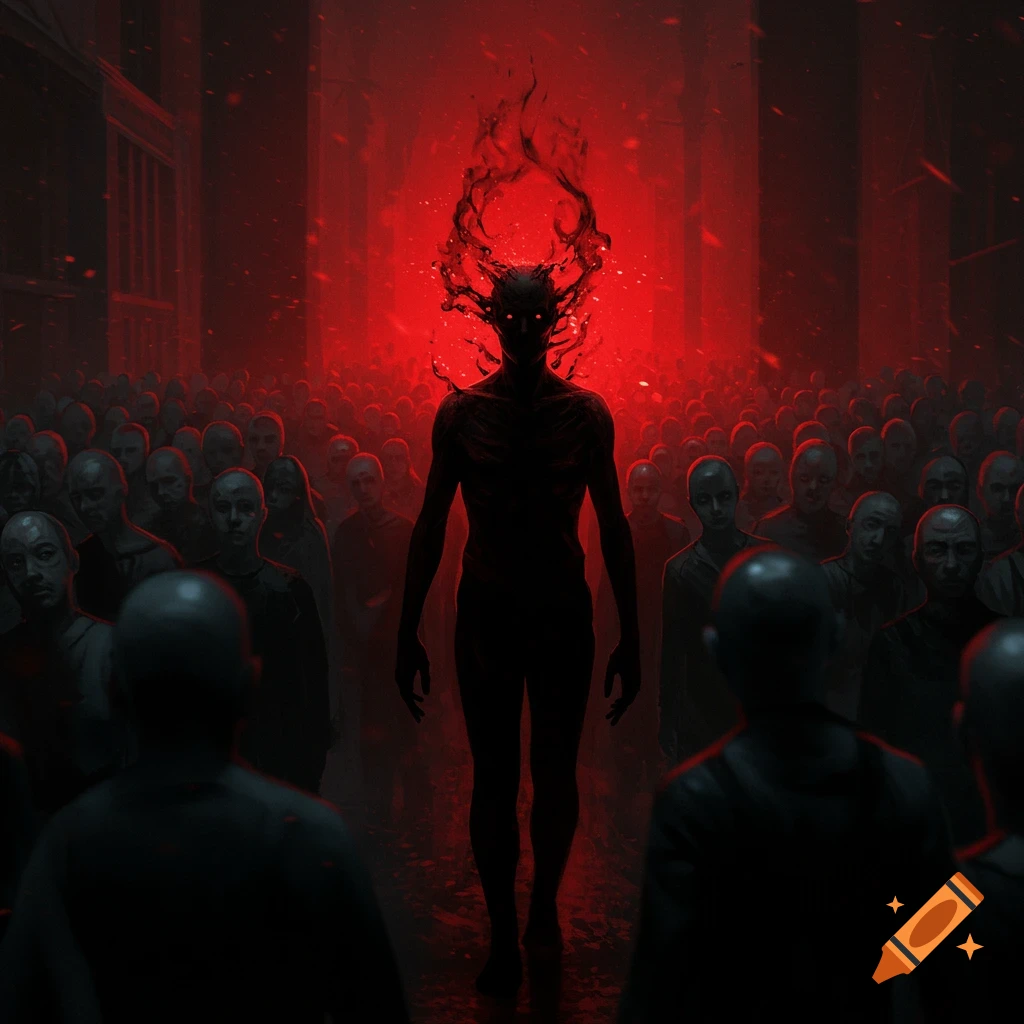 A demonic figure with fiery horns stands in a red-lit hallway, surrounded by a crowd.