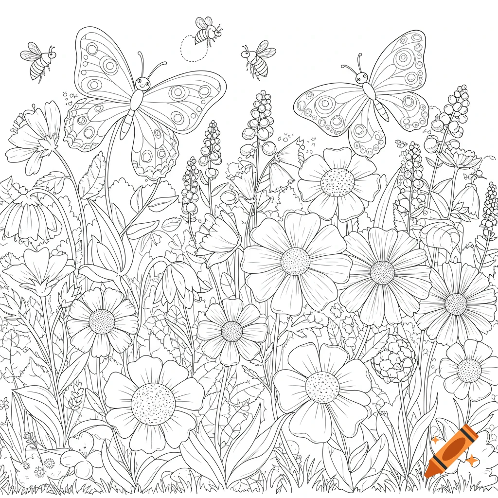 Line art illustration of a garden with flowers, butterflies, and bees, for coloring.