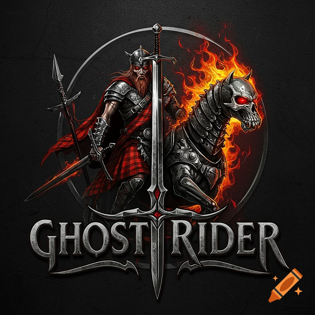 Fantasy logo of a Highlander warrior on a fiery skeletal horse with 'GHOST RIDER' text.