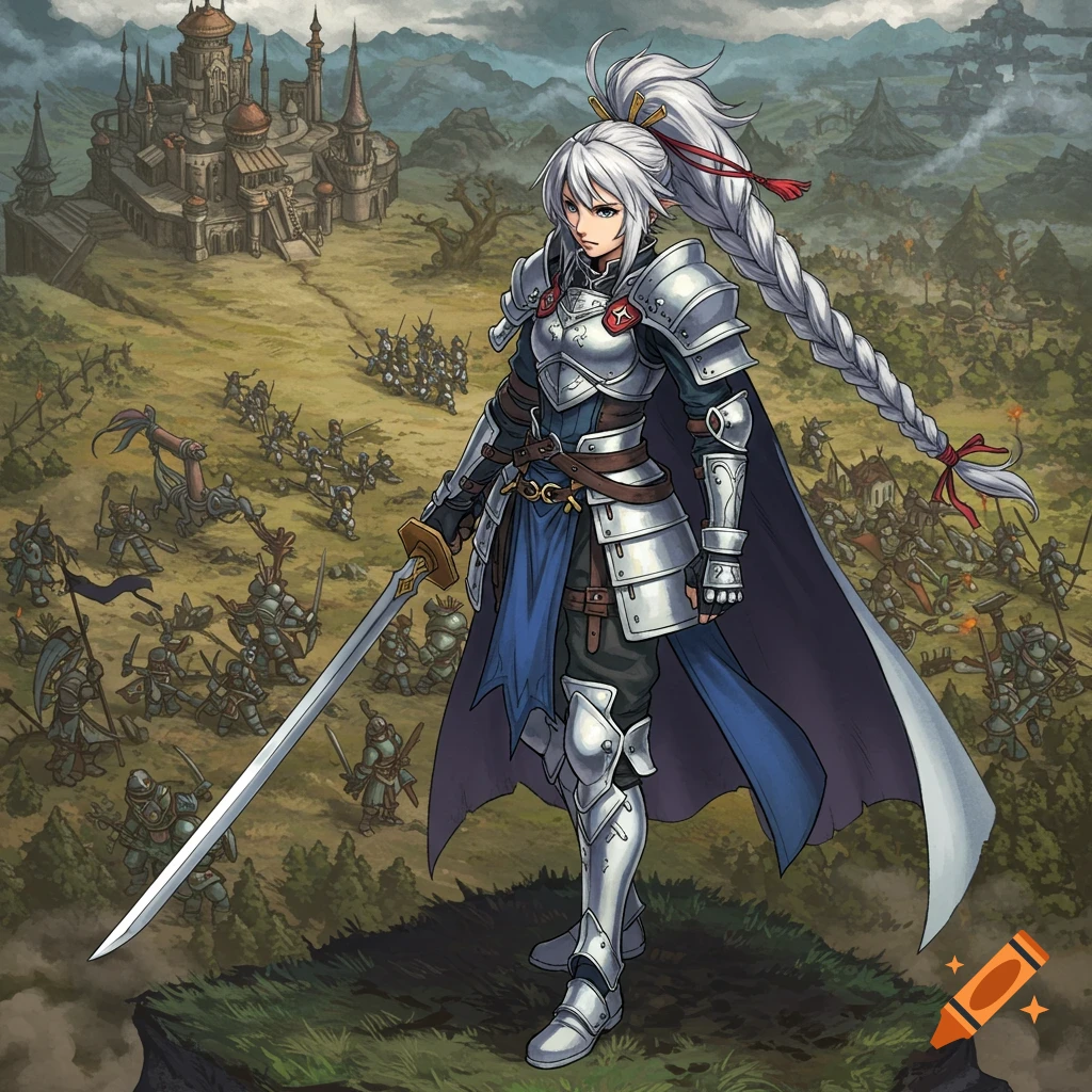A female knight in detailed armor stands on a hill overlooking a fantasy battlefield with a castle in the background, illustration.