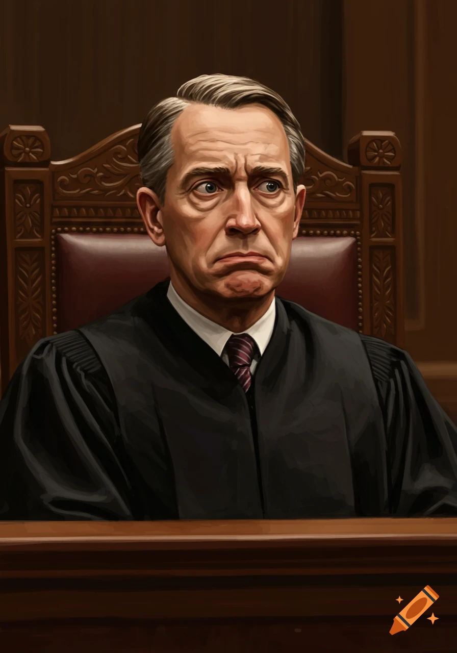 A confused judge in a black robe, sitting in a courtroom chair.