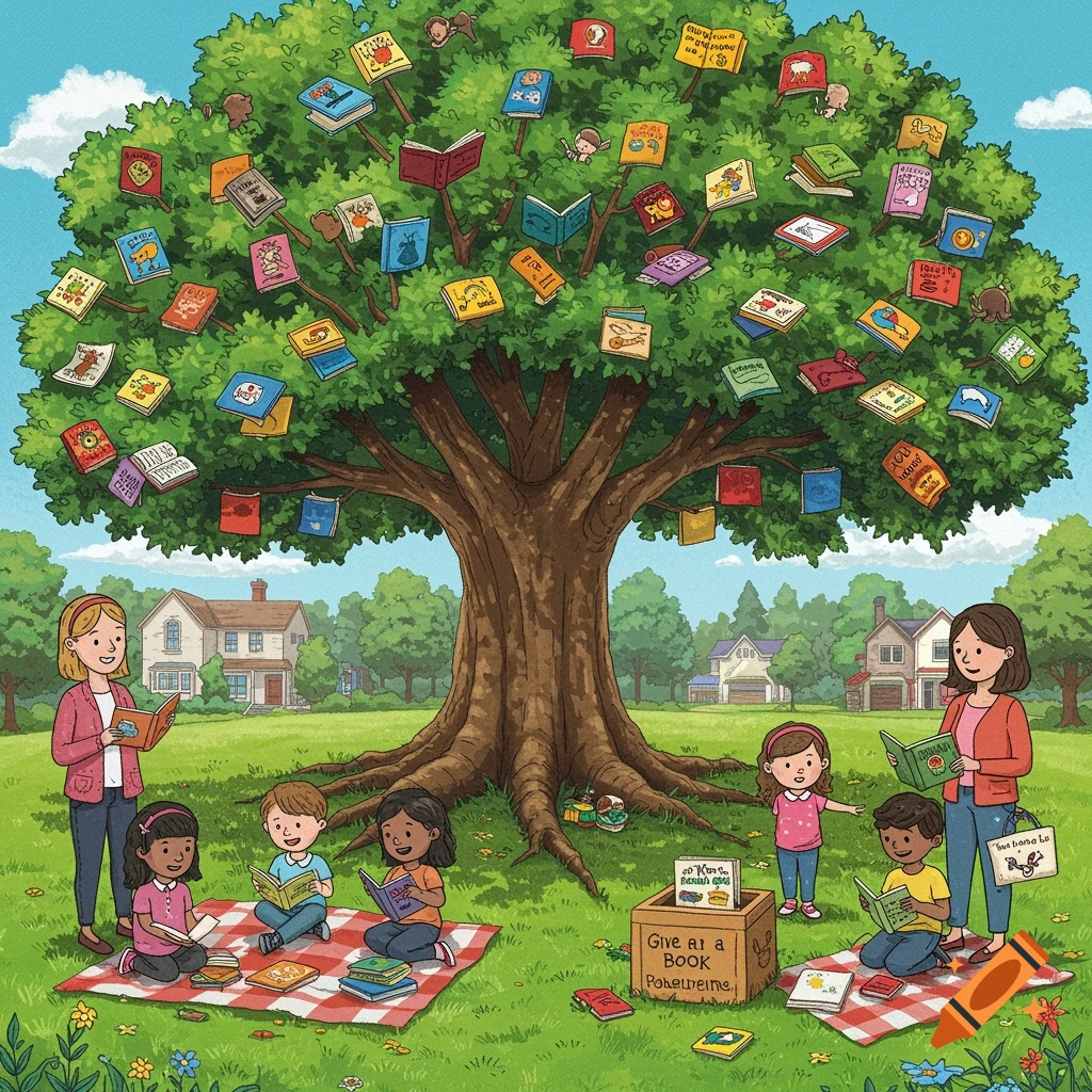 Illustration of children and adults reading under a tree filled with books in a park.