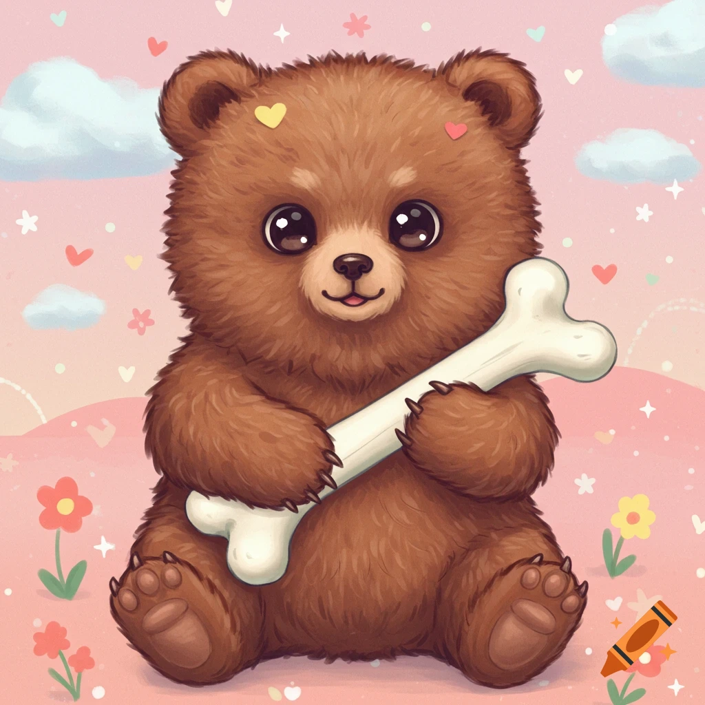 A cute cartoon bear holds a large bone with hearts and flowers.