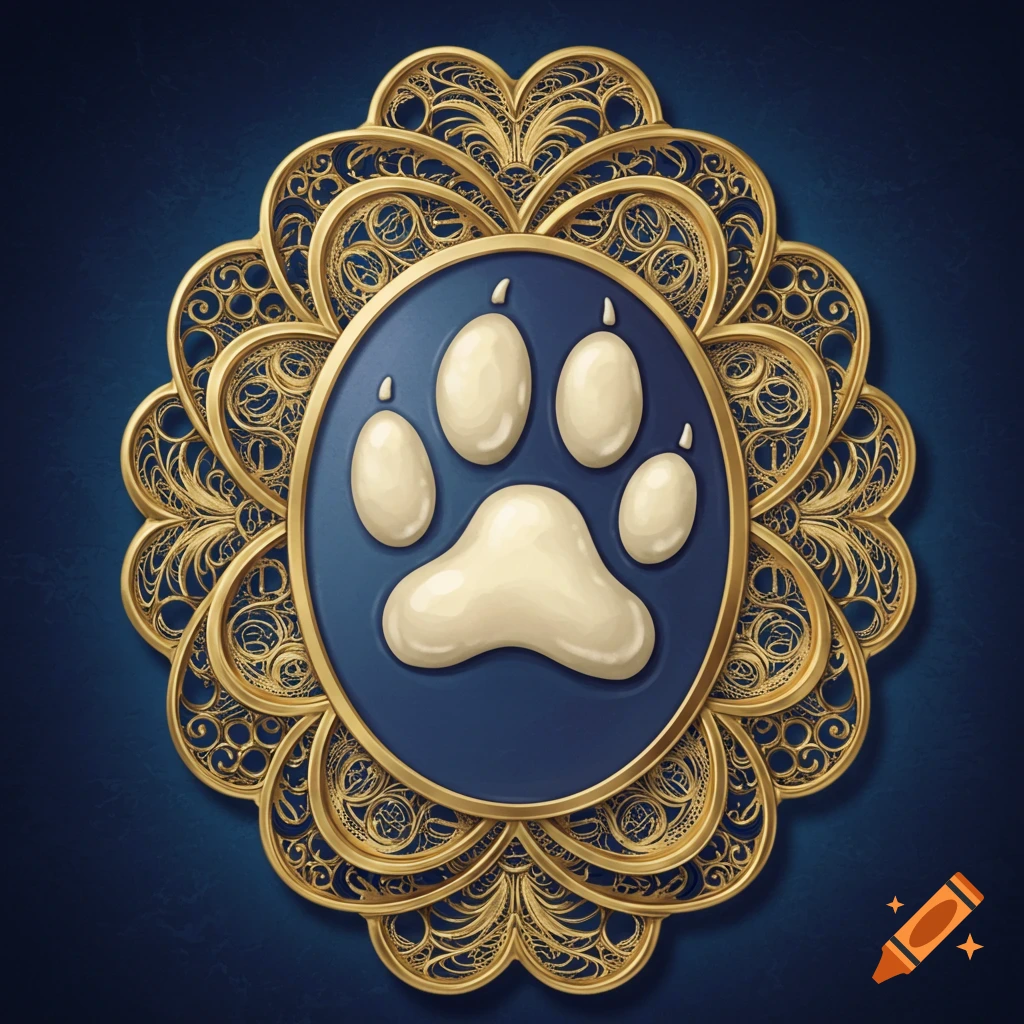 A gold filigree cameo with a white paw print on a blue background.