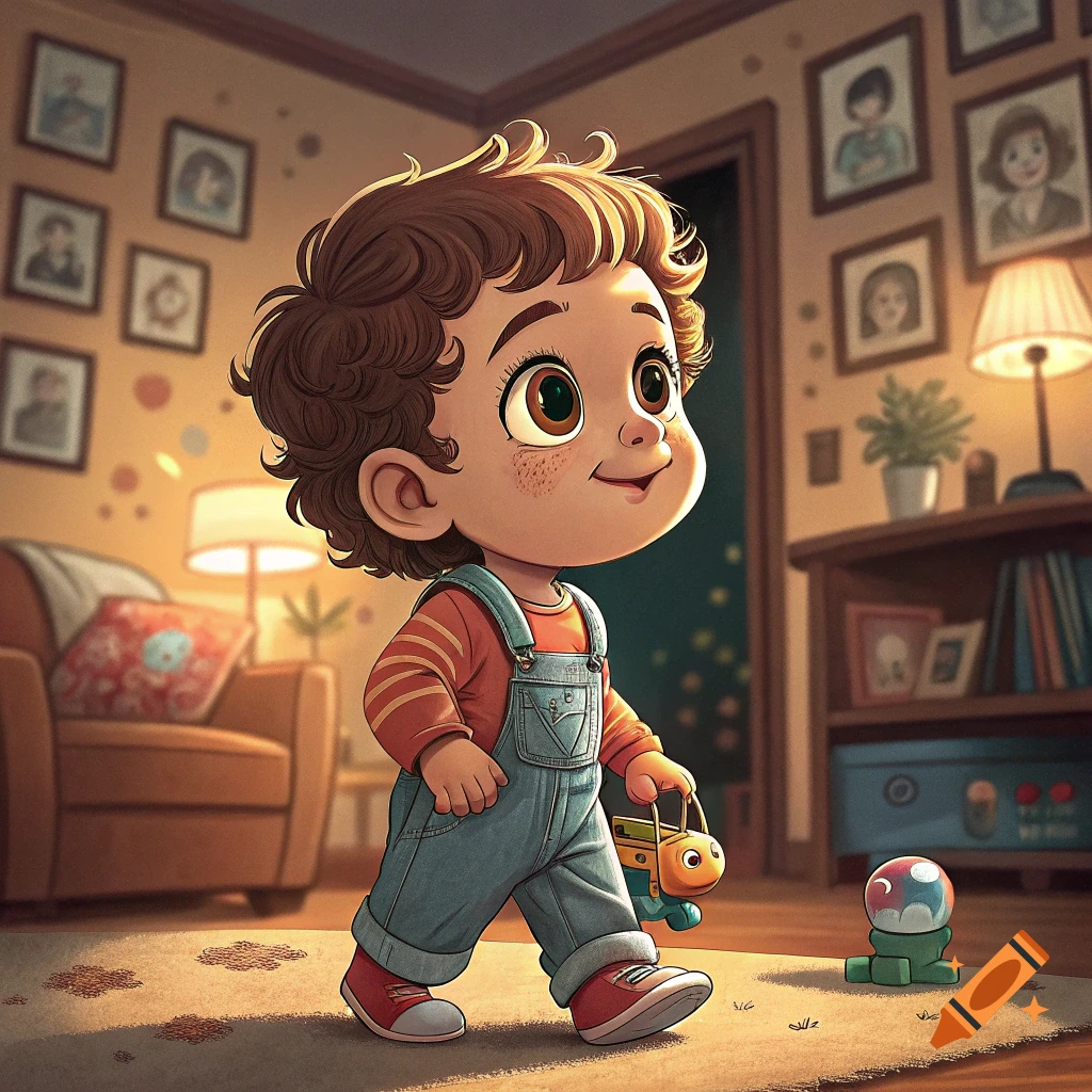 A cartoon toddler wearing overalls walks indoors holding a toy car.