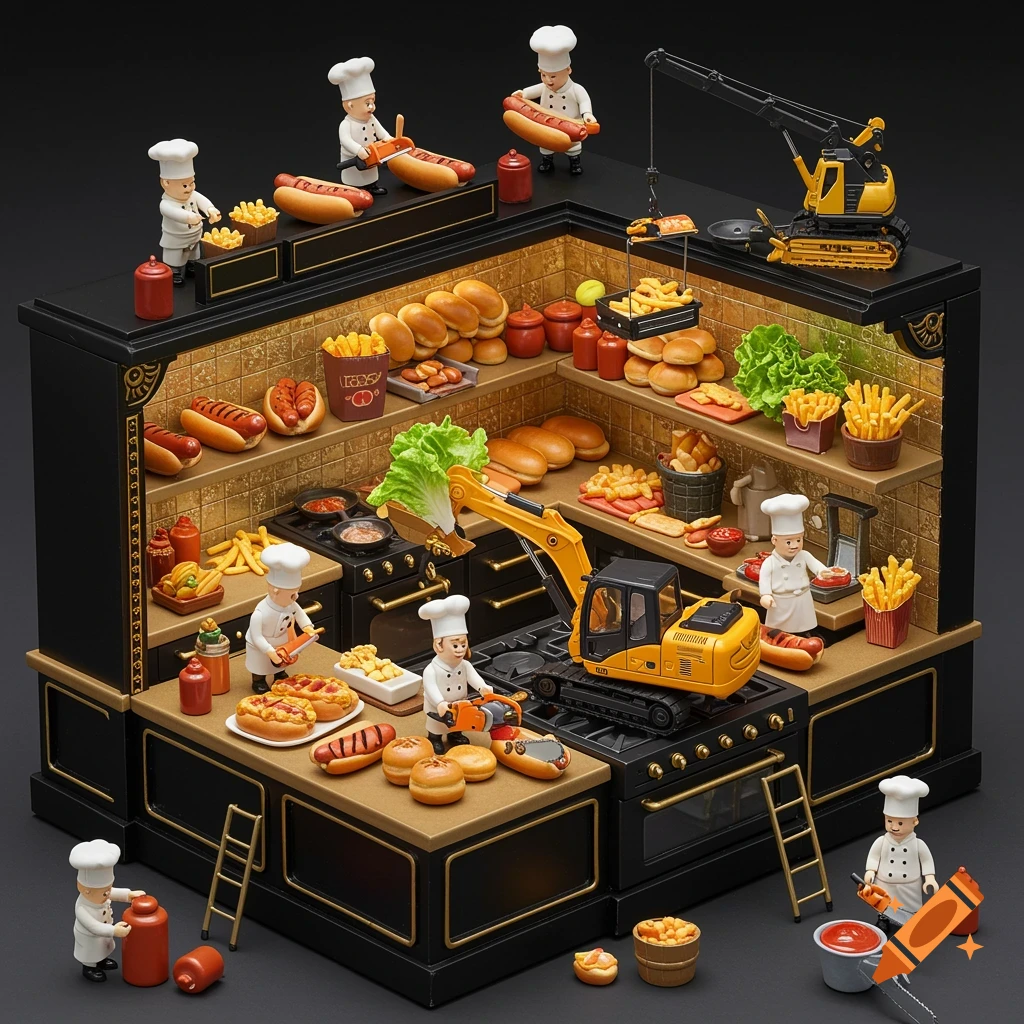 Miniature fantasy kitchen diorama with chefs cooking hot dogs and fries using construction equipment, black and gold theme.