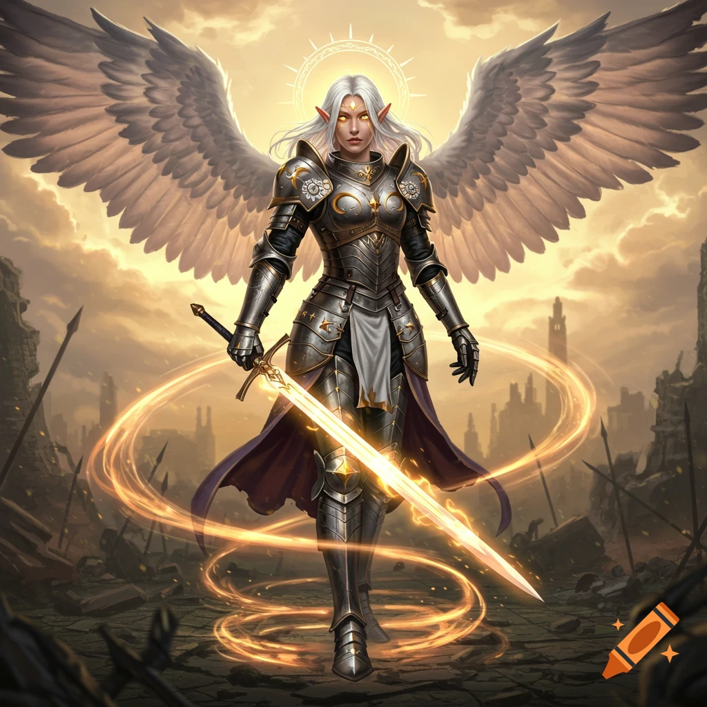 A female angelic knight with white hair and golden eyes stands in full armor with wings and a glowing sword in a ruined landscape.