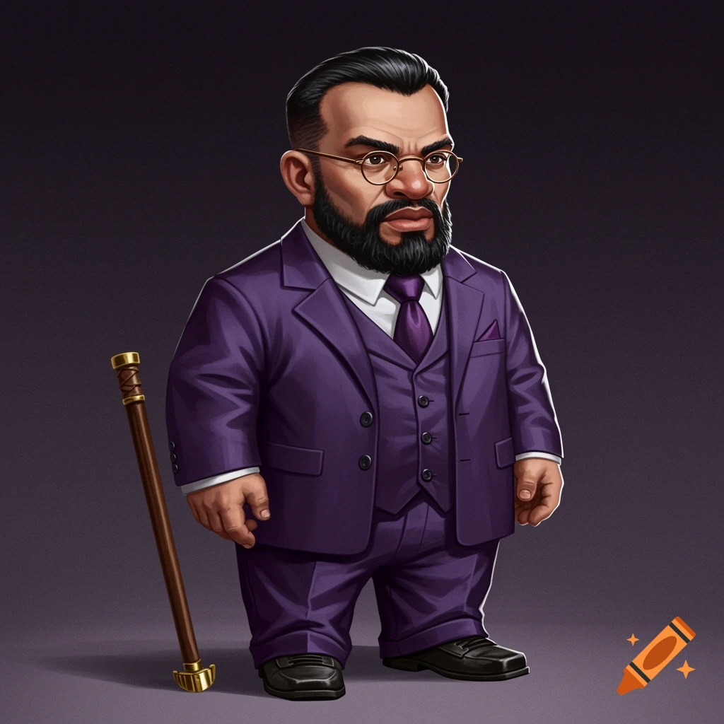 A dwarf in a purple suit with glasses and a cane.