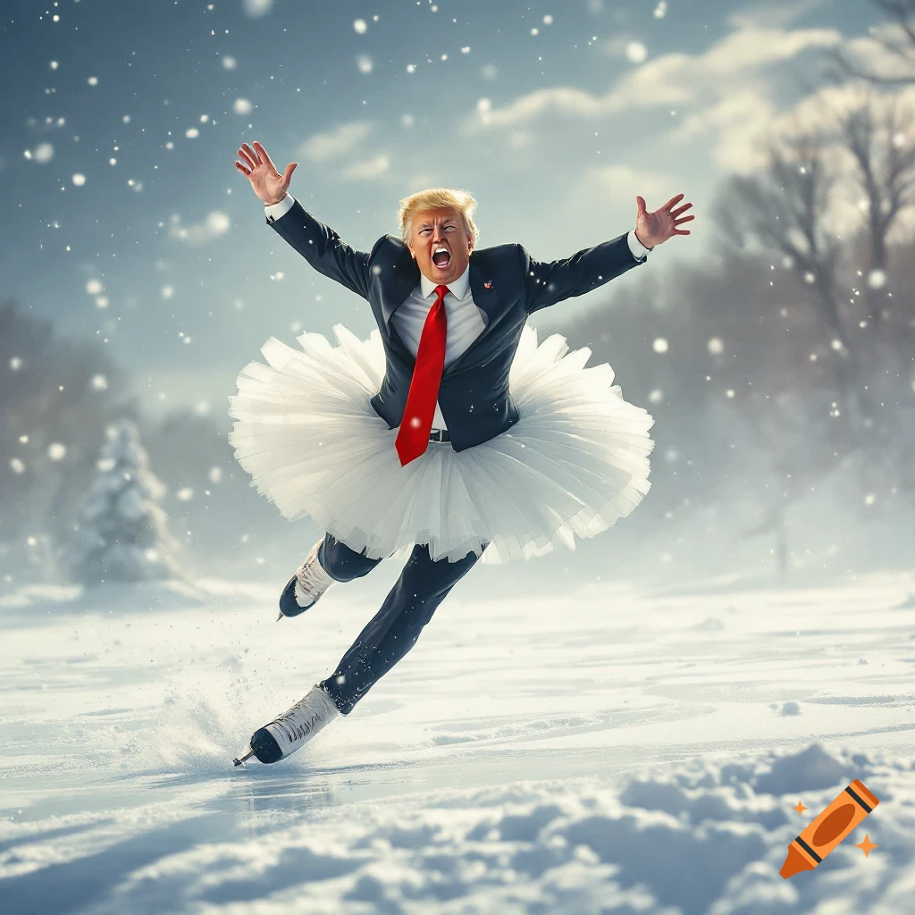 Donald Trump in a suit and tutu ice skating in a snowy landscape.