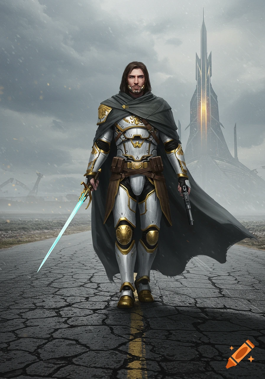 A man in futuristic white and gold power armor with a cloak, sword, and pistol walking on a road.