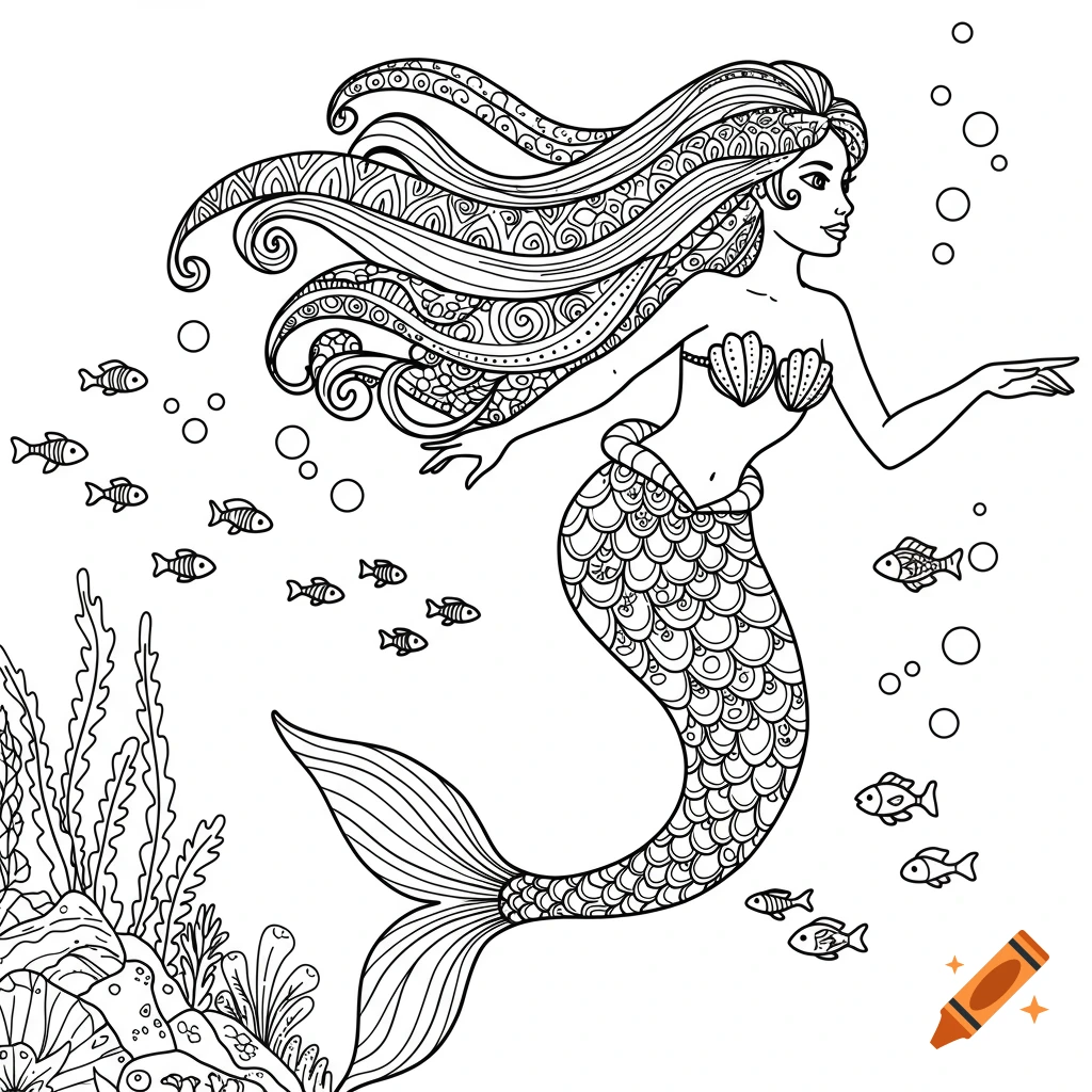 Zentangle drawing of a mermaid swimming underwater with fish and plants.