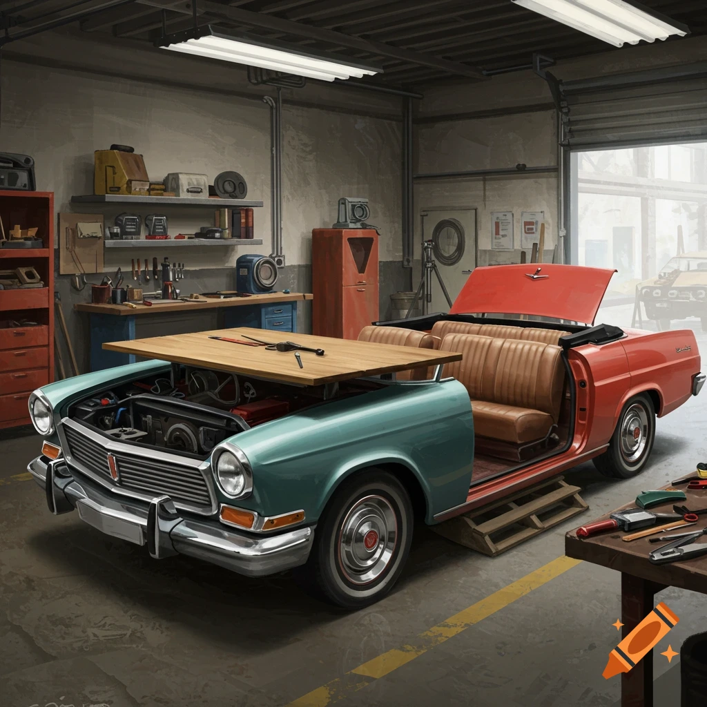 A vintage convertible car is repurposed into furniture in a workshop. The front is a table, the back has seats.