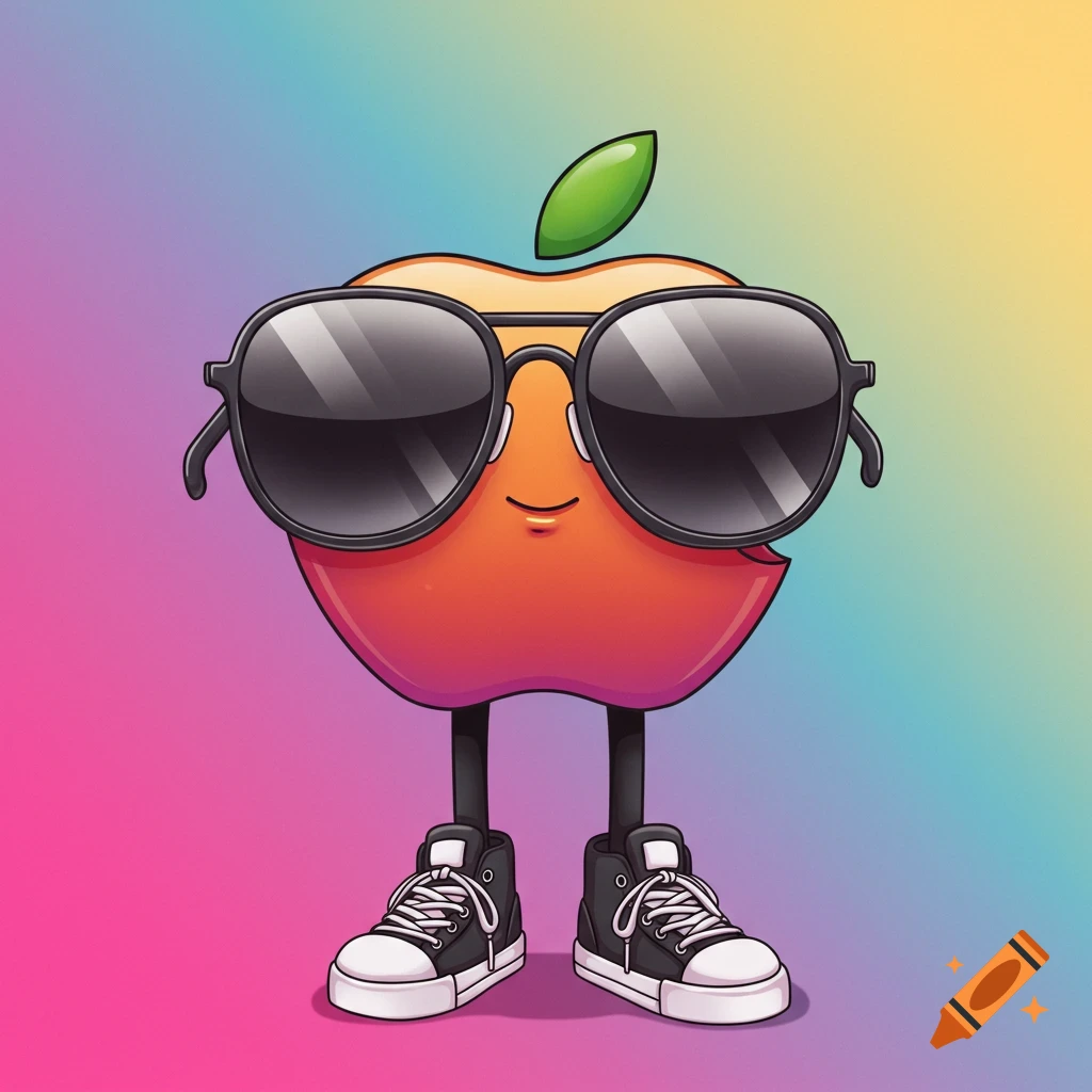 A cartoon apple wearing sunglasses and sneakers stands against a rainbow background.