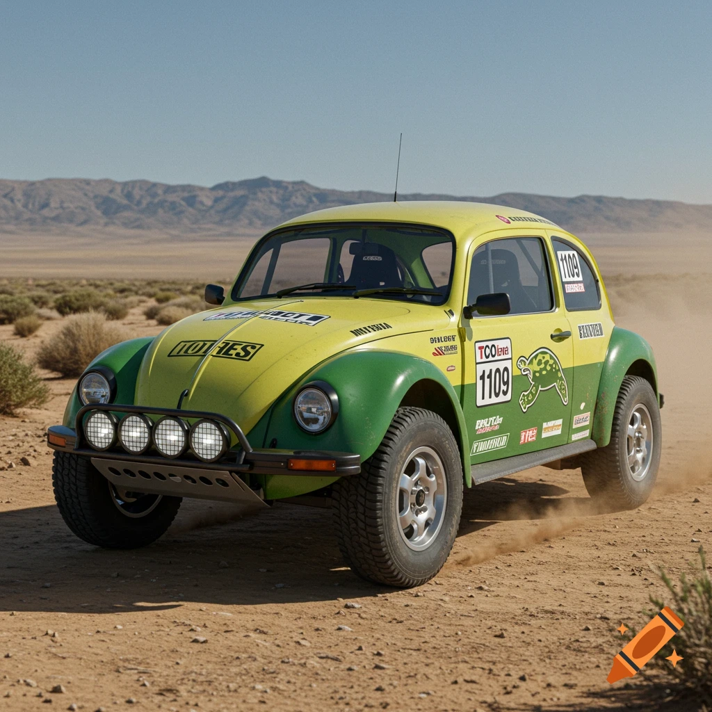 A yellow and green VW bug rally car races through a dusty desert.