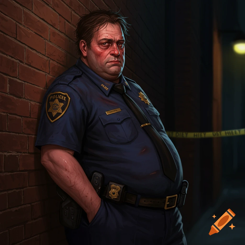 A weary police officer leans against a brick wall, with scratches and bloodstains.