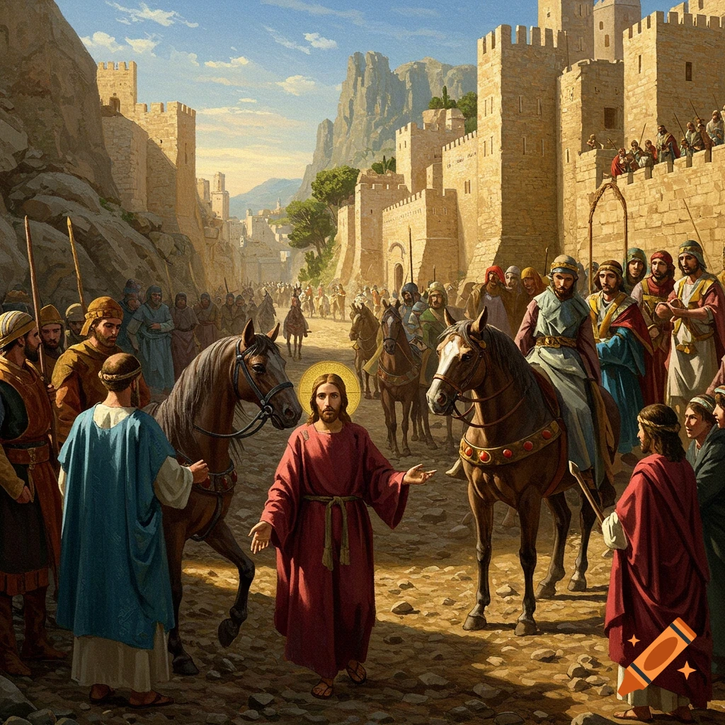 Jesus walking towards a crowd entering a walled city, historical religious scene